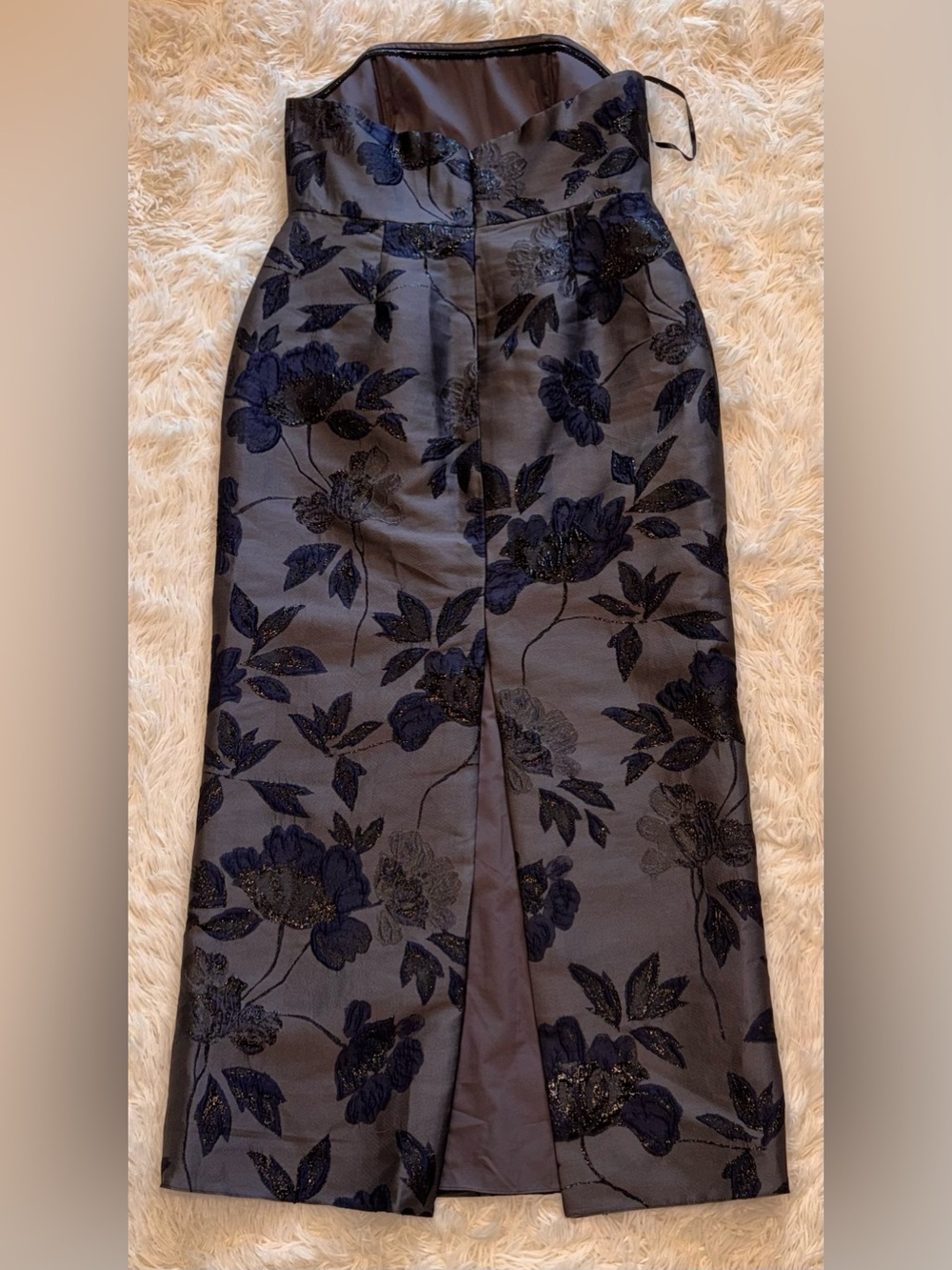 NEW Alfred Sung Metallic Floral Jacquard black navy Strapless Sheath Gown Sz 16 - Picture 8 of 9
